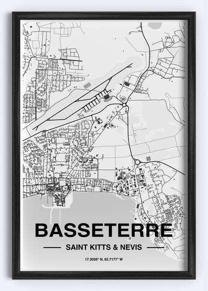 St. Kitts & Nevis - Basseterre Map Art Wall Print