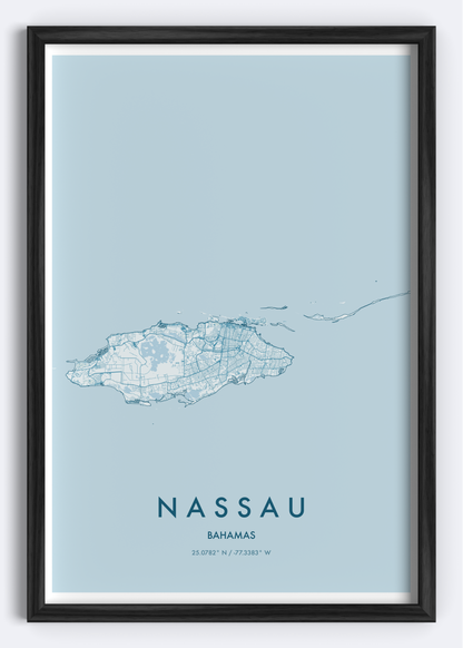 Nassau, Bahamas map wall art print
