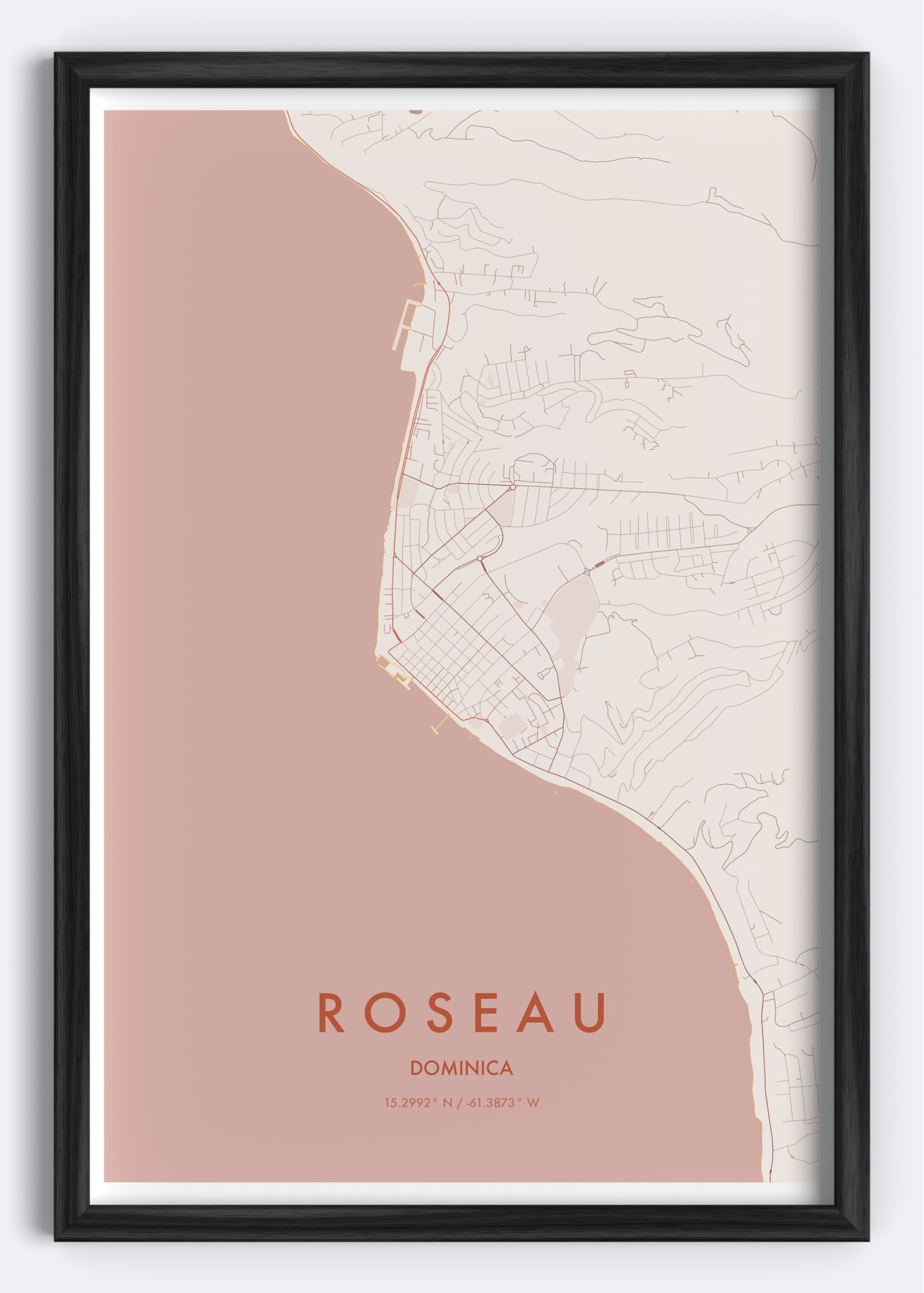 Roseau, Dominica map wall art print
