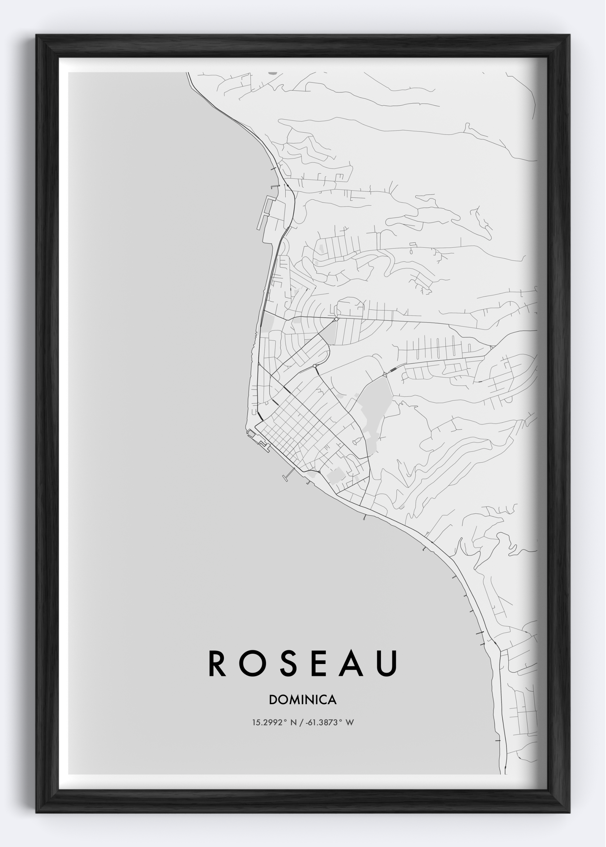 Roseau, Dominica map wall art print
