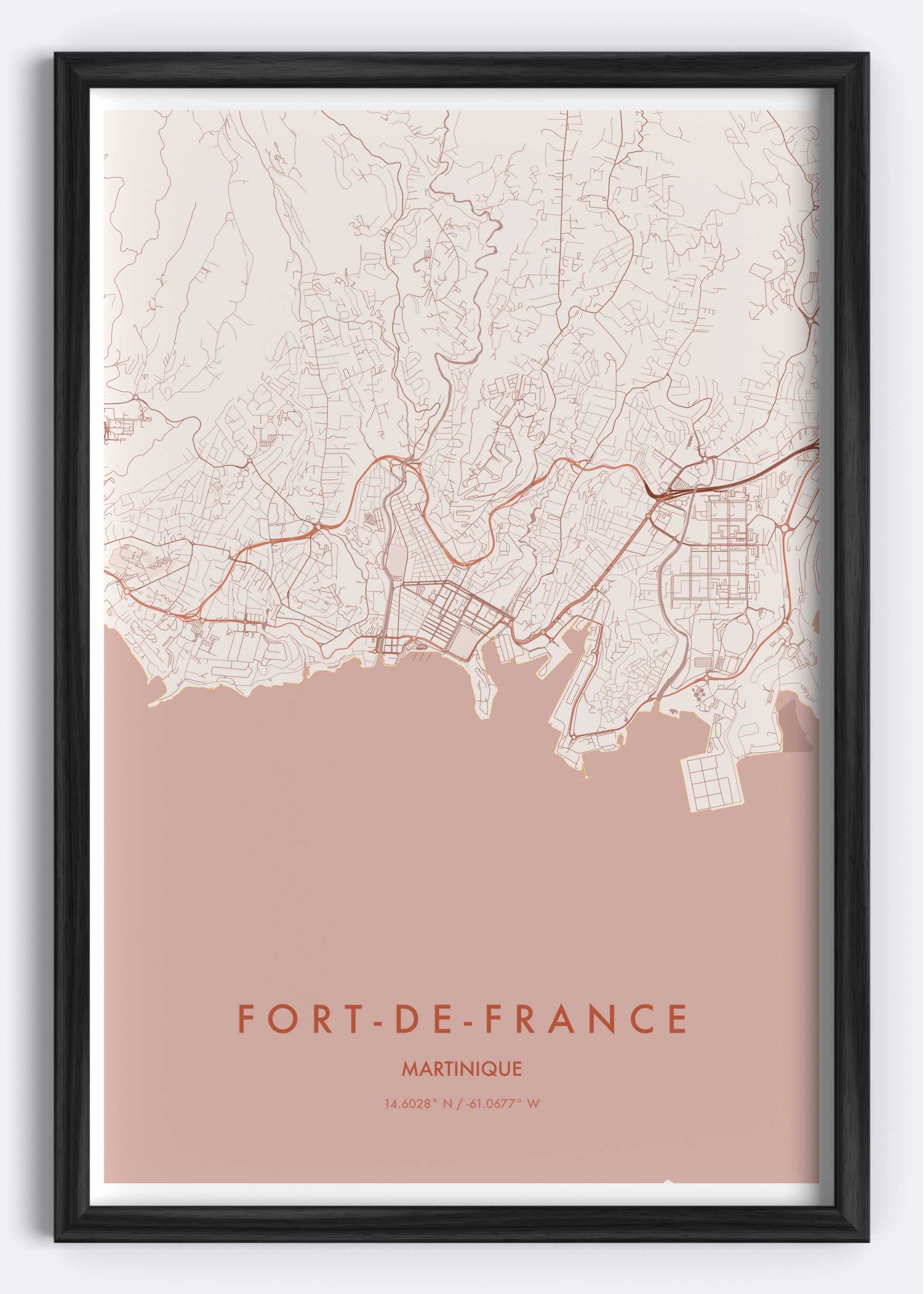 Fort-de-France, Martinique map wall art print