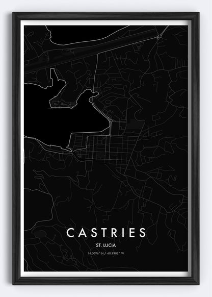 Castries, St. Lucia map wall art print