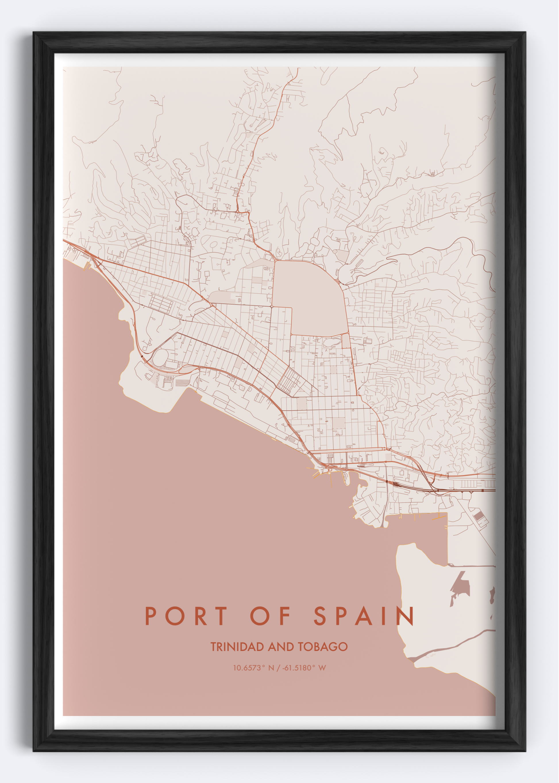 Port of Spain, Trinidad and Tobago map wall art print

