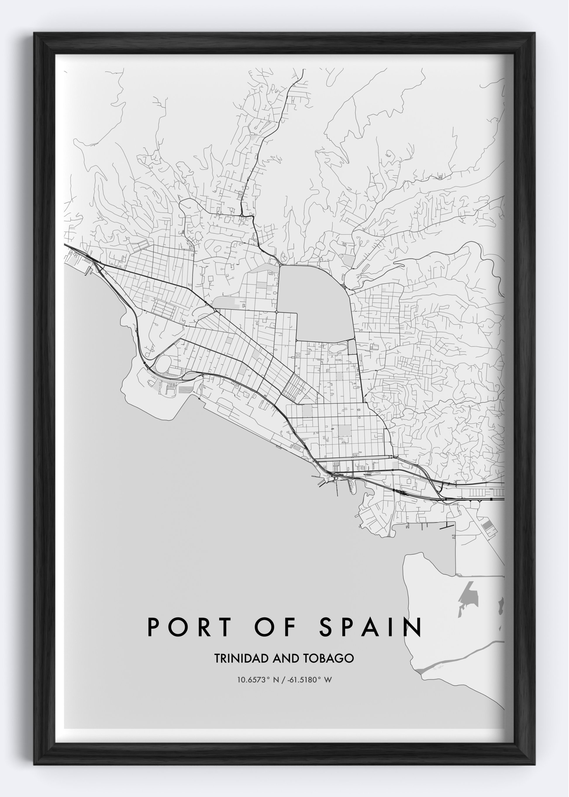 Port of Spain, Trinidad and Tobago map wall art print
